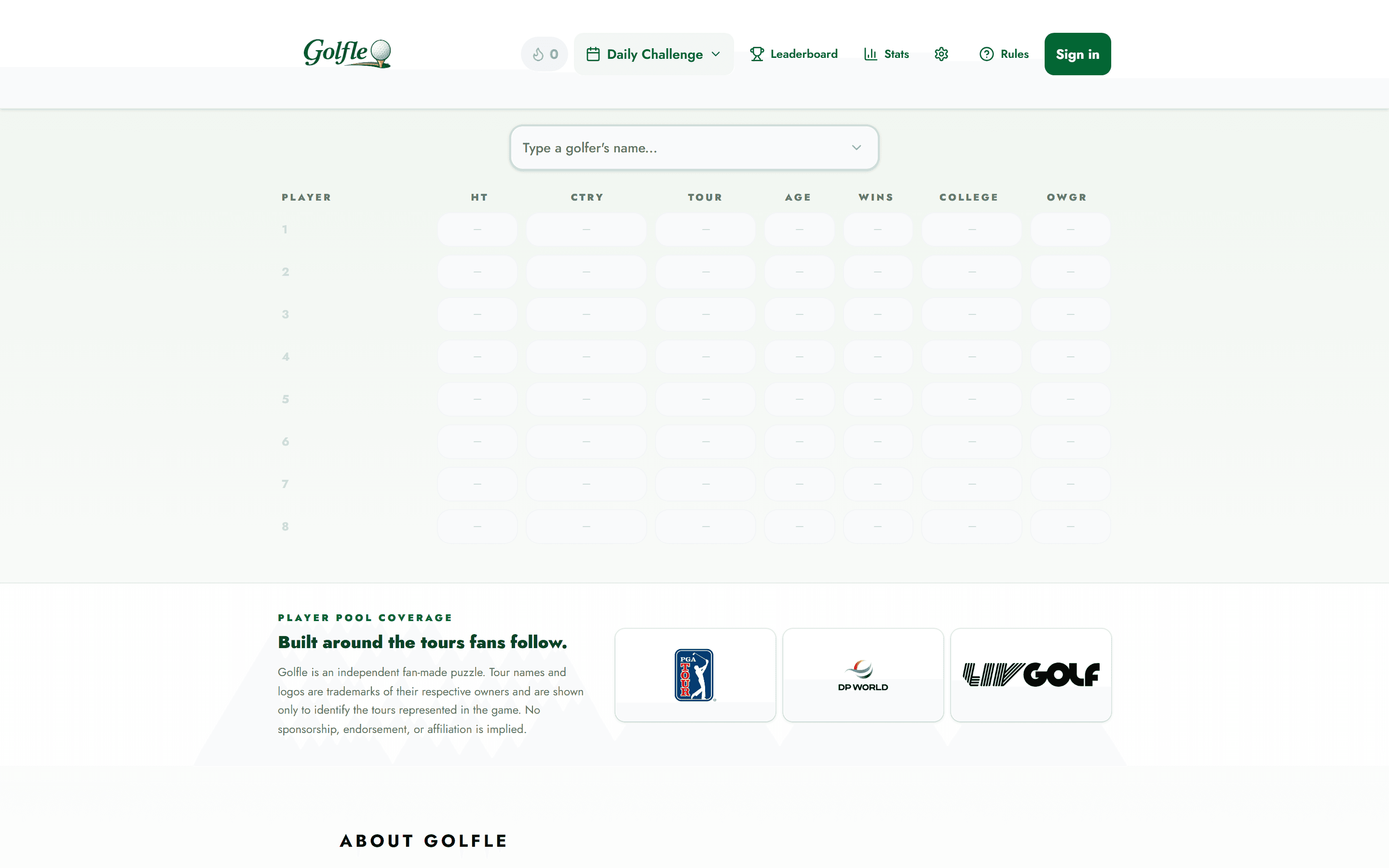 Golfle empty board ready for a new daily puzzle