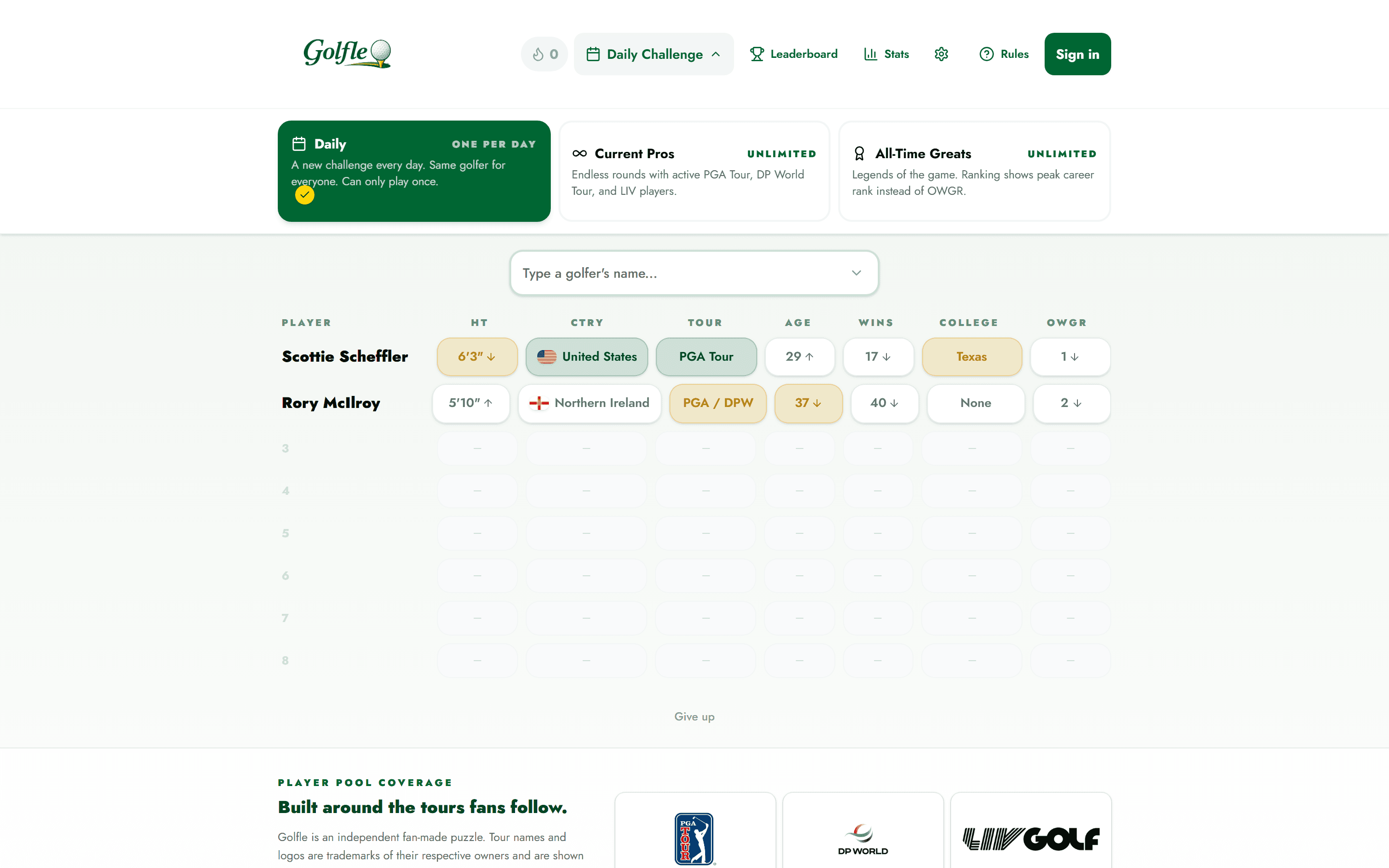 Golfle board with two guesses, Scottie Scheffler and Rory McIlroy