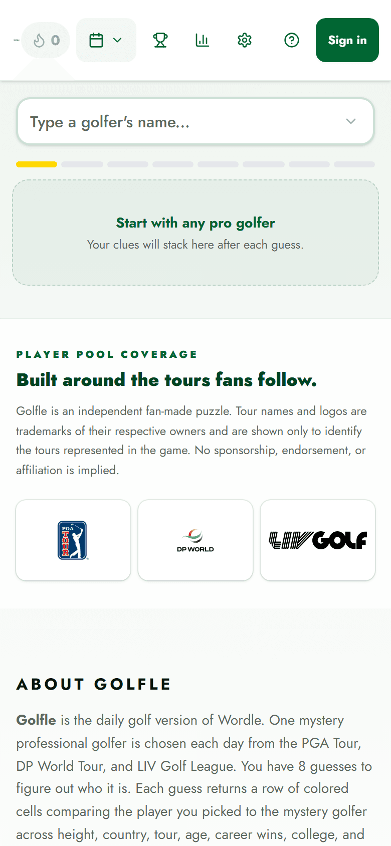 Golfle on mobile showing the search input, tour coverage panel, and About section