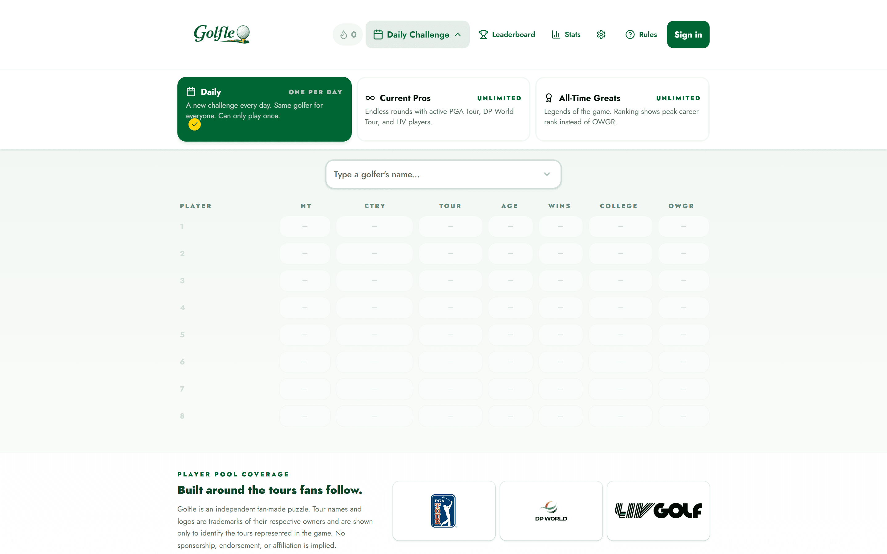 Golfle game mode selector open showing Daily, Current Pros, and All-Time Greats