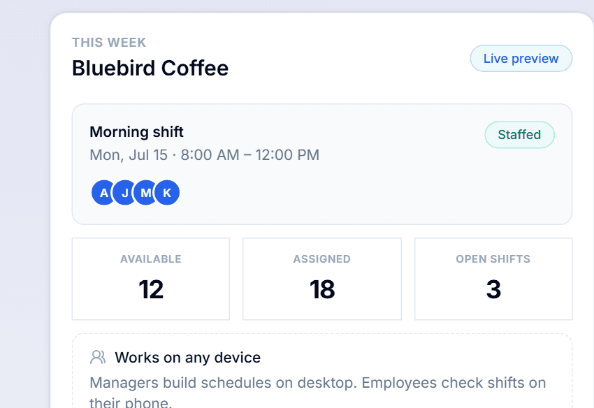 Teammate scheduling app preview with shift counts and staffing status