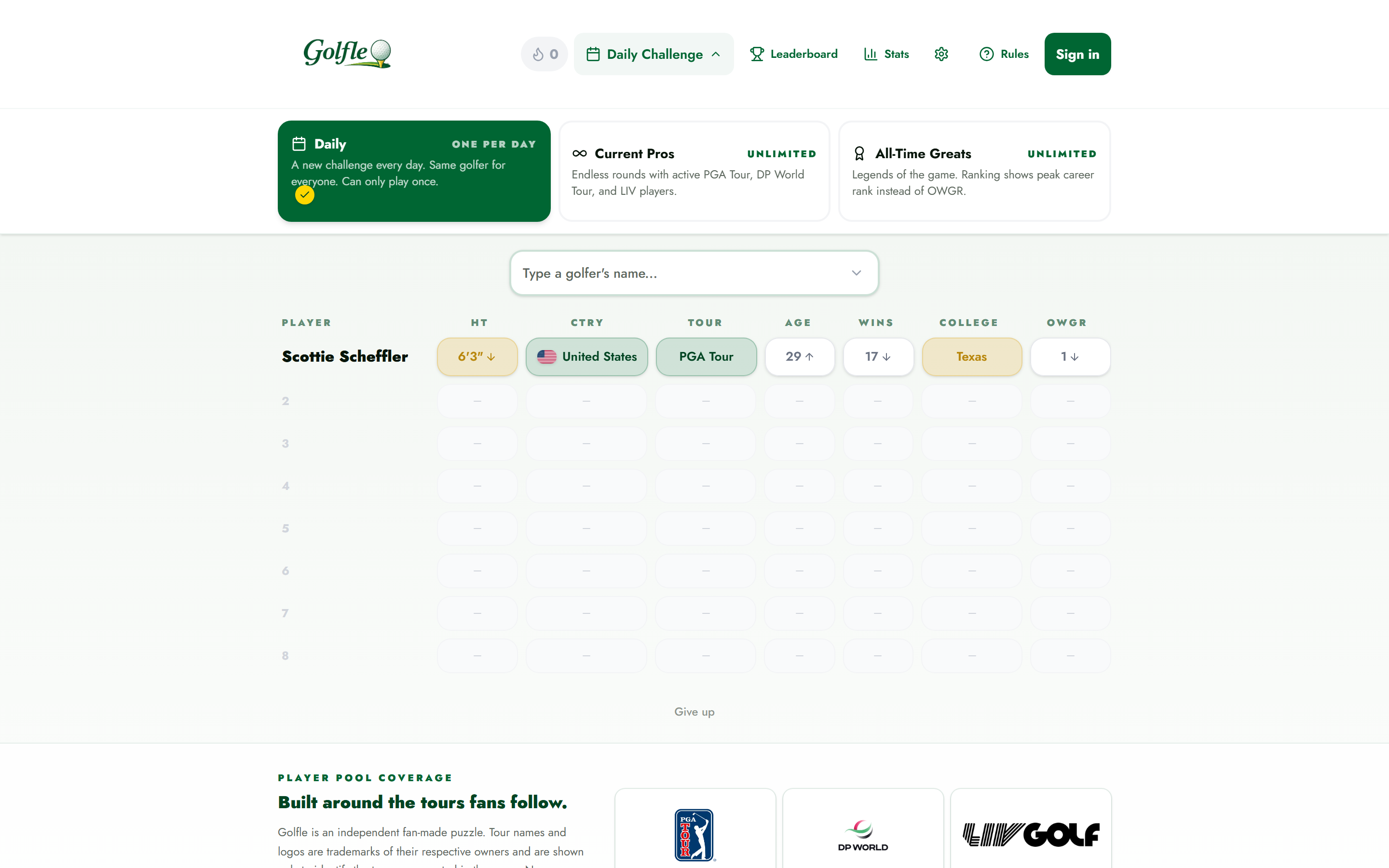 Golfle daily game board mid-round